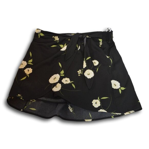 DR2 Women’s Floral Wrap Skort L Black Yellow Cream Flowers Pull-On Shorts L NWT - Picture 1 of 2